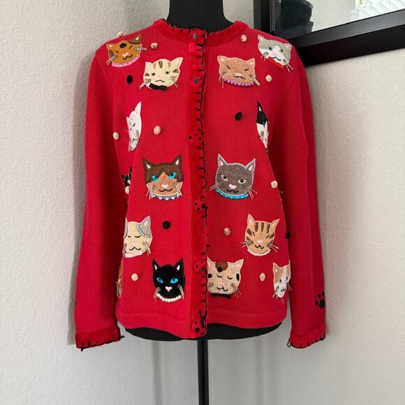 VINTAGE 80s Berek by Takako Sakon Red Cat Cardigan Sweater Medium - Picture 2 of 15